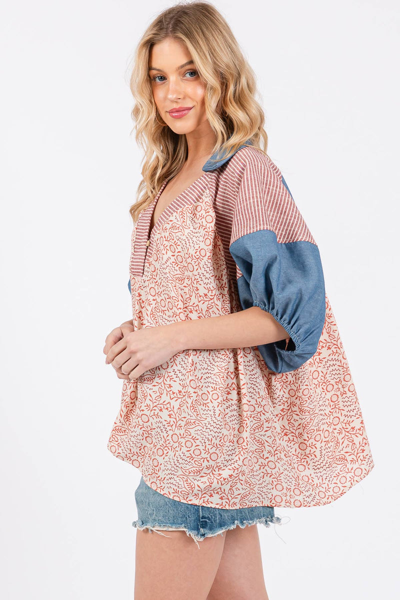 Floral Red Denim Print Puff Sleeve Tunic Top