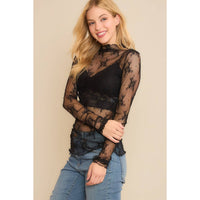 Black Mesh Lace High Neck L/S Fitted Top