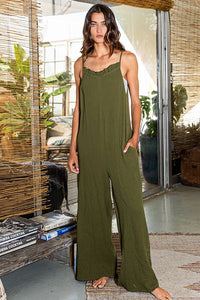 Ruffled Olive Green Neckline Wide Leg Solid Jumpsuit