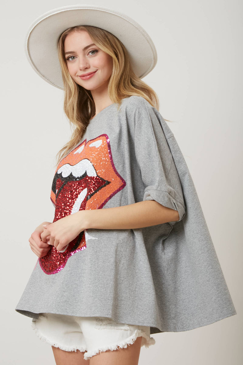 Rolling Stones Heather Grey Sequin Tongue Tee