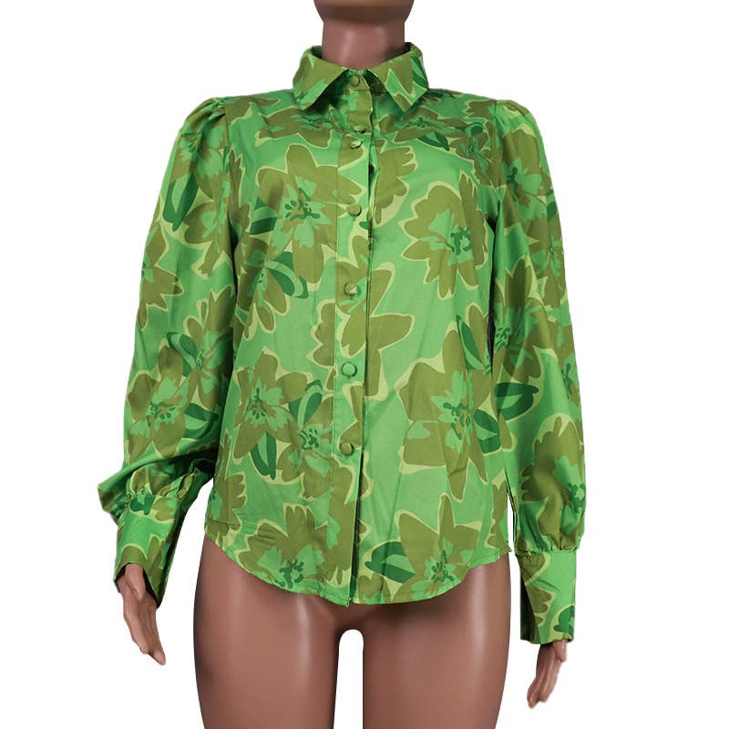 Rosa Clothing - Puff Sleeve Lapel Print Shirt: Green /