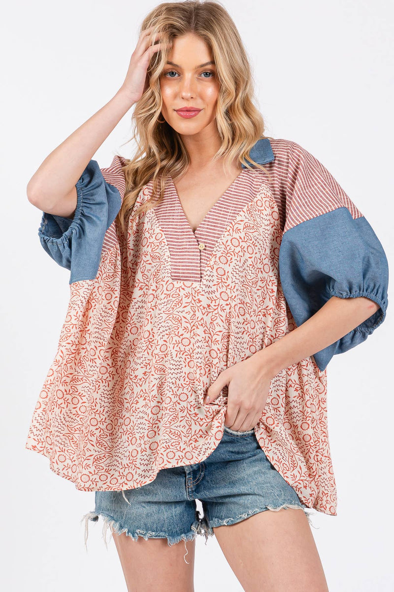 Floral Red Denim Print Puff Sleeve Tunic Top