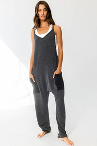 Black Drop V-neck Solid Ribbed Knit Jumpsuit