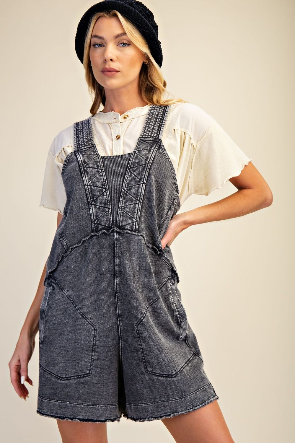 Black Mineral Washed Terry Short Romper