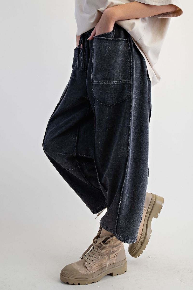 Black Mineral Washed Terry Knit Barrel Pants