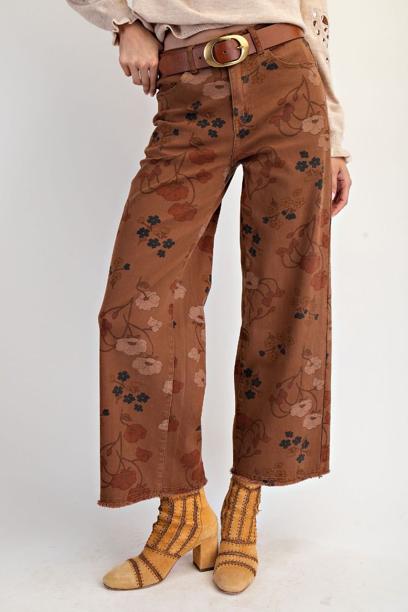 Mocha Mousse Floral Print Twill Pants
