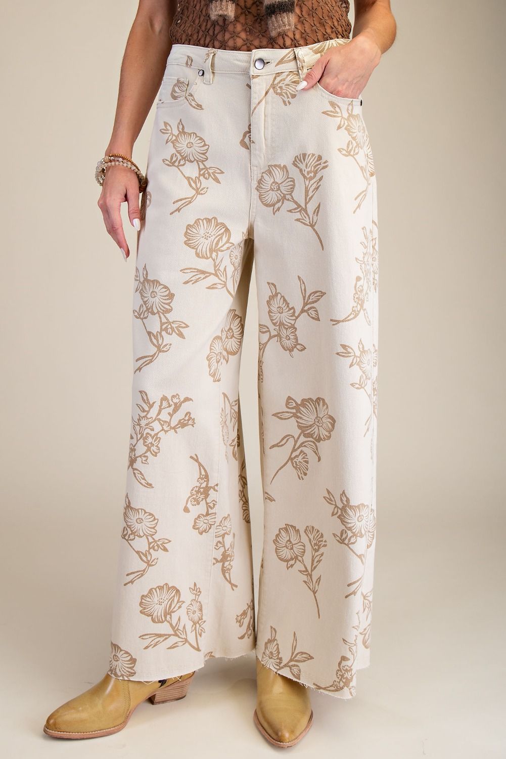 Ecru Floral Printed Washed Twill Pants