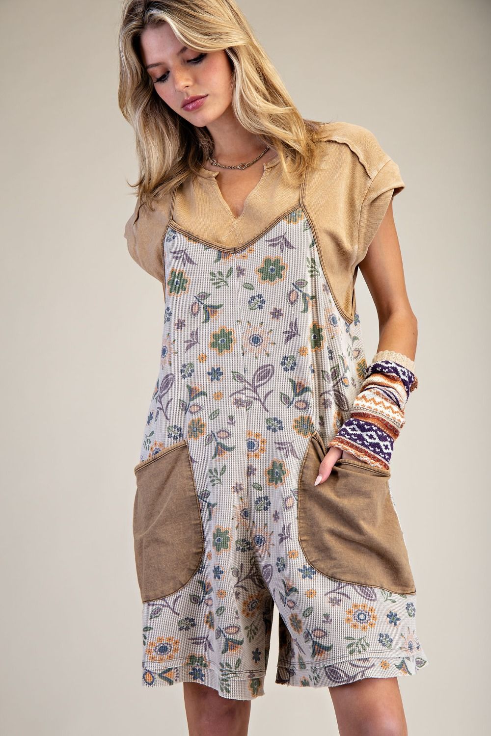 Dusty Khaki Waffle Print Romper