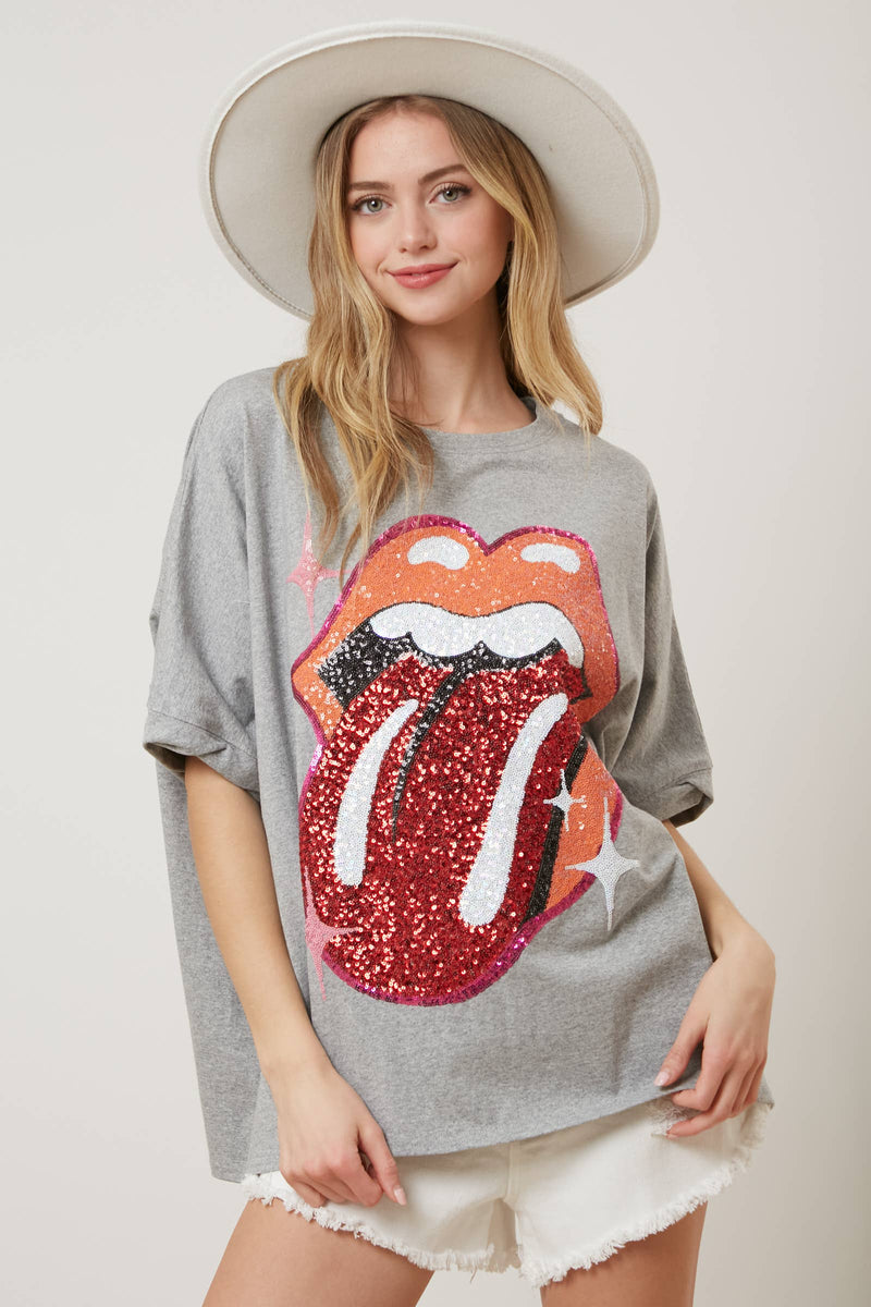 Rolling Stones Heather Grey Sequin Tongue Tee