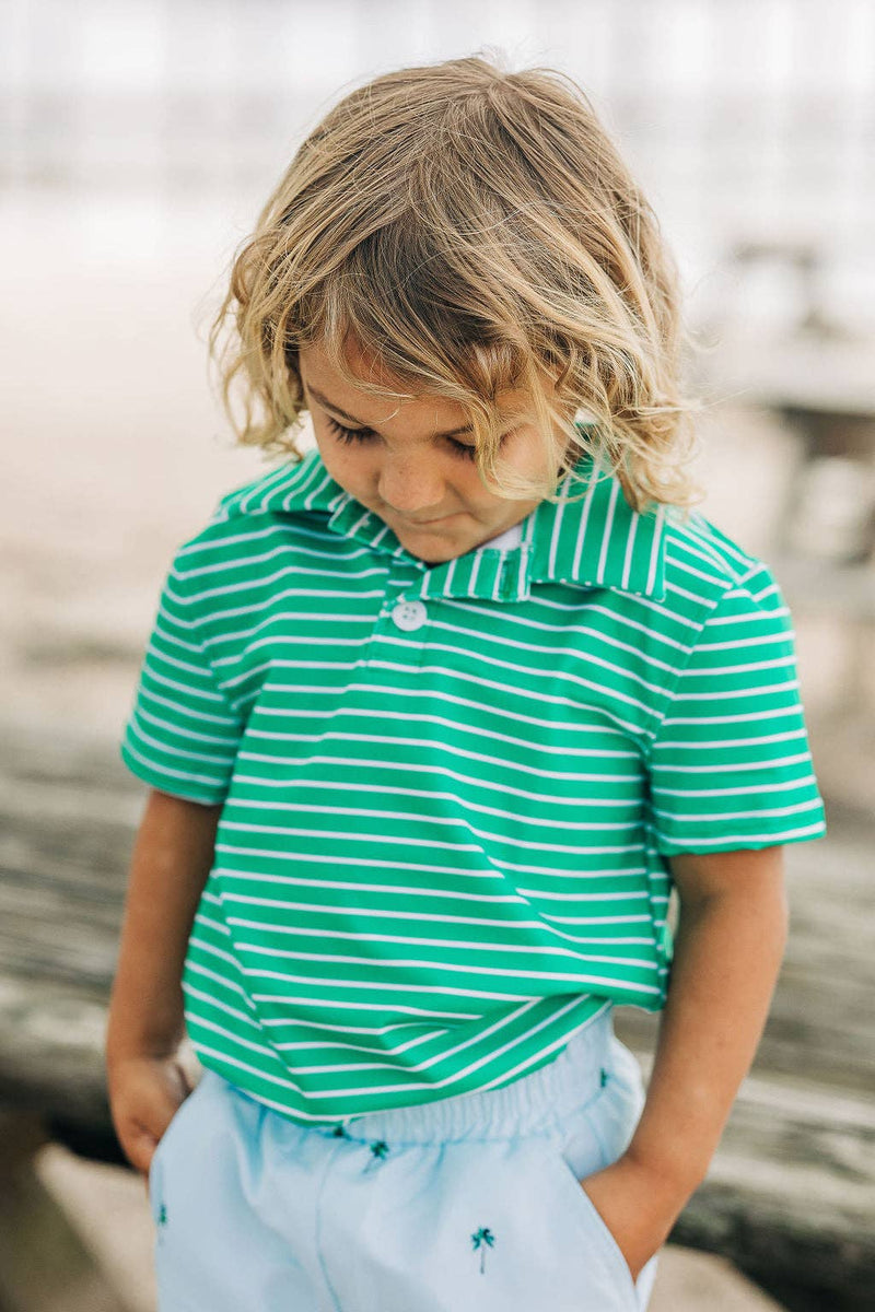 Sugar Bee Clothing - Boy Polo - Emerald Green Stripe: