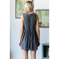 Grey Front Pleated V Neck Sleeveless Denim Romper