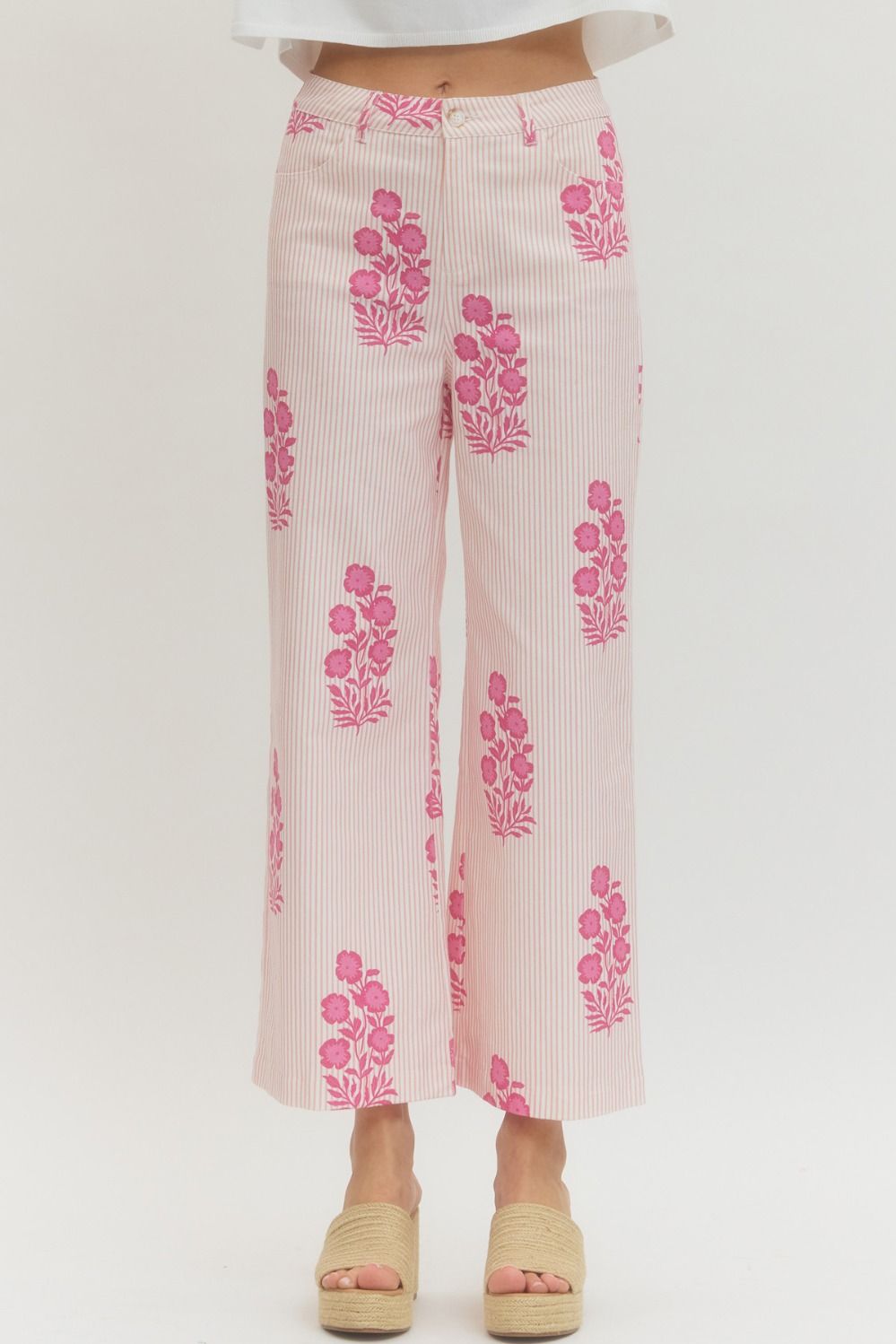 Pink Striped Floral Print Wide Leg Pant