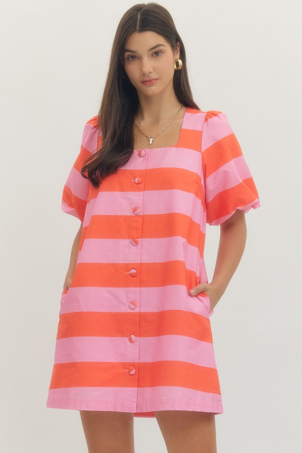 Pink Bold Stripe Short Puff Sleeve Mini Dress