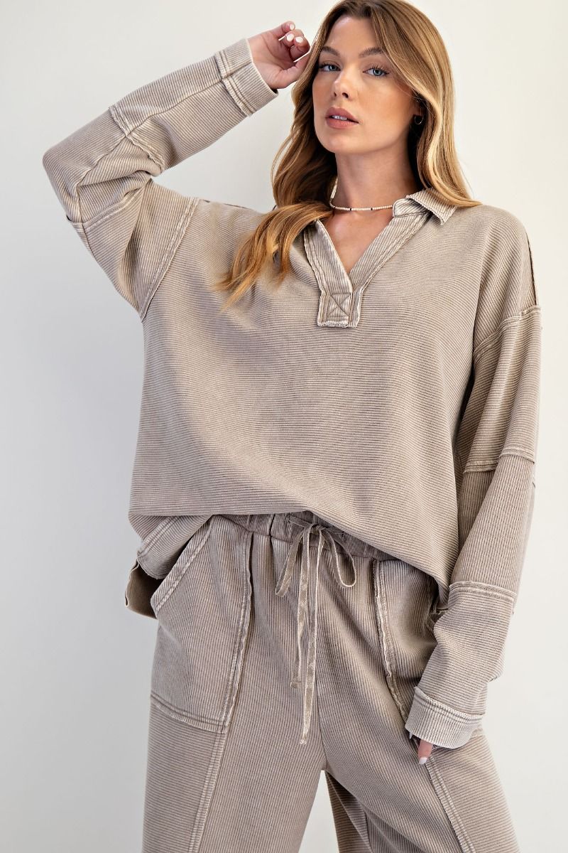 Mocha Textured Thermal Washed Pullover