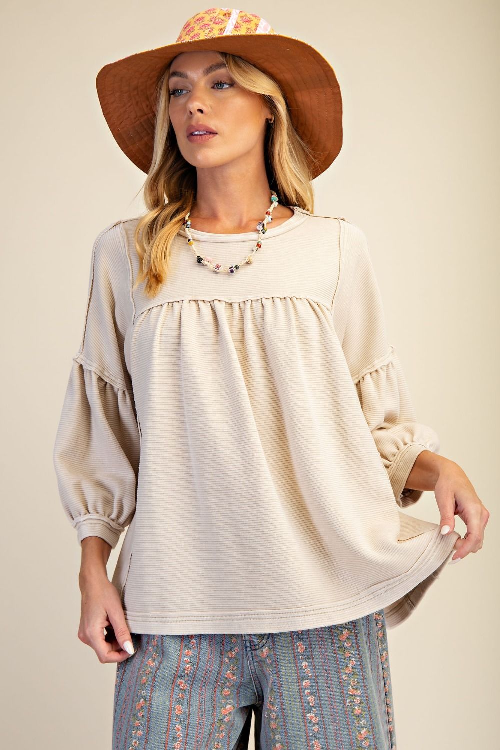 Khaki Textured Knit Washed Babydoll Top