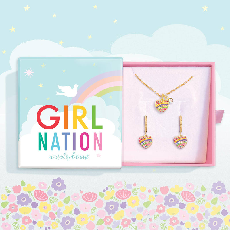 Girl Nation Crystal Necklace & Lever Back Gift Set | Rainbow Heart