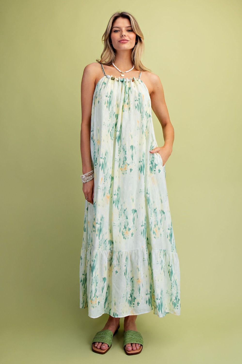 Green Printed Designed Stone Neckless Trim Dress
