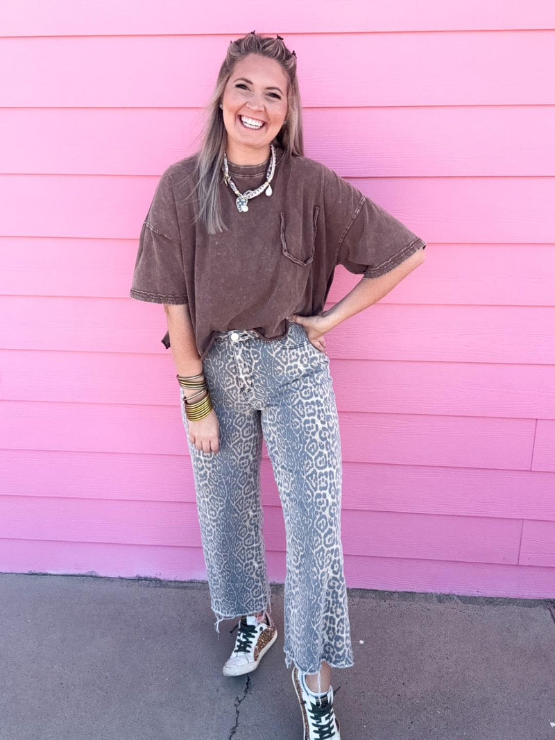 Camel Washed Animal Print Twill Pants