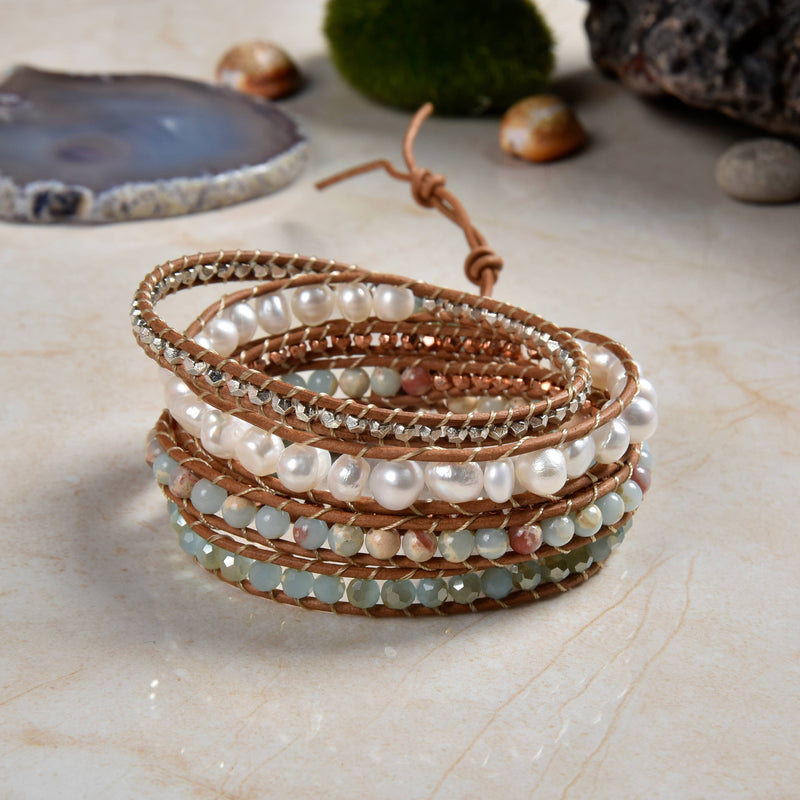 IST Jewelry - Cultured Pearl and Snake Skin Mix-media Wrap Bracelet